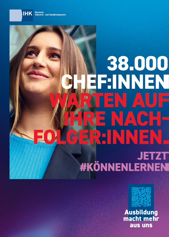 Kampagnen-Plakat mit Leona und dem Zitat: 38.000 Chef:innen warten auf ihre Nachfolger:innen