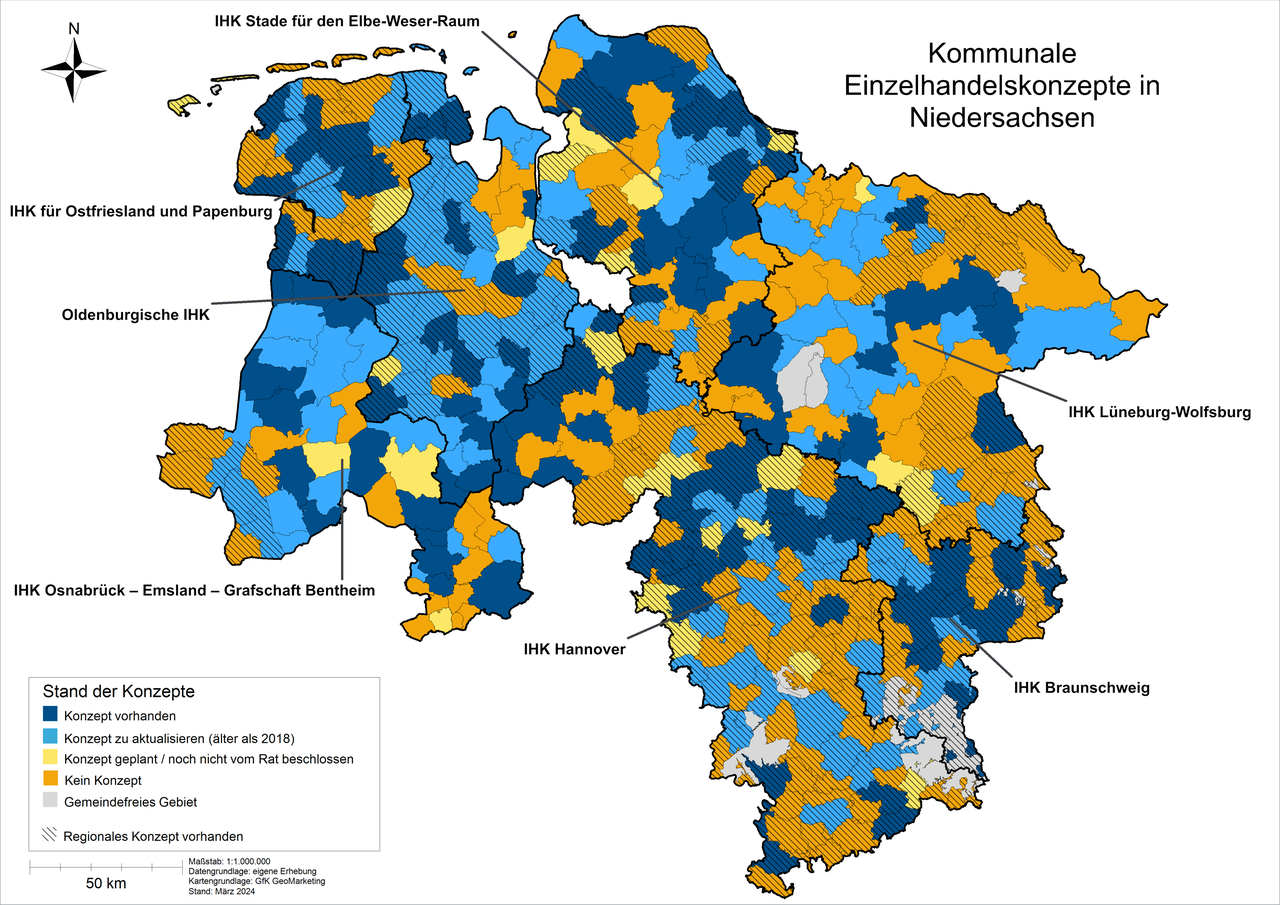 Karte kommunale Einzelhandelskonzepte Niedersachsen