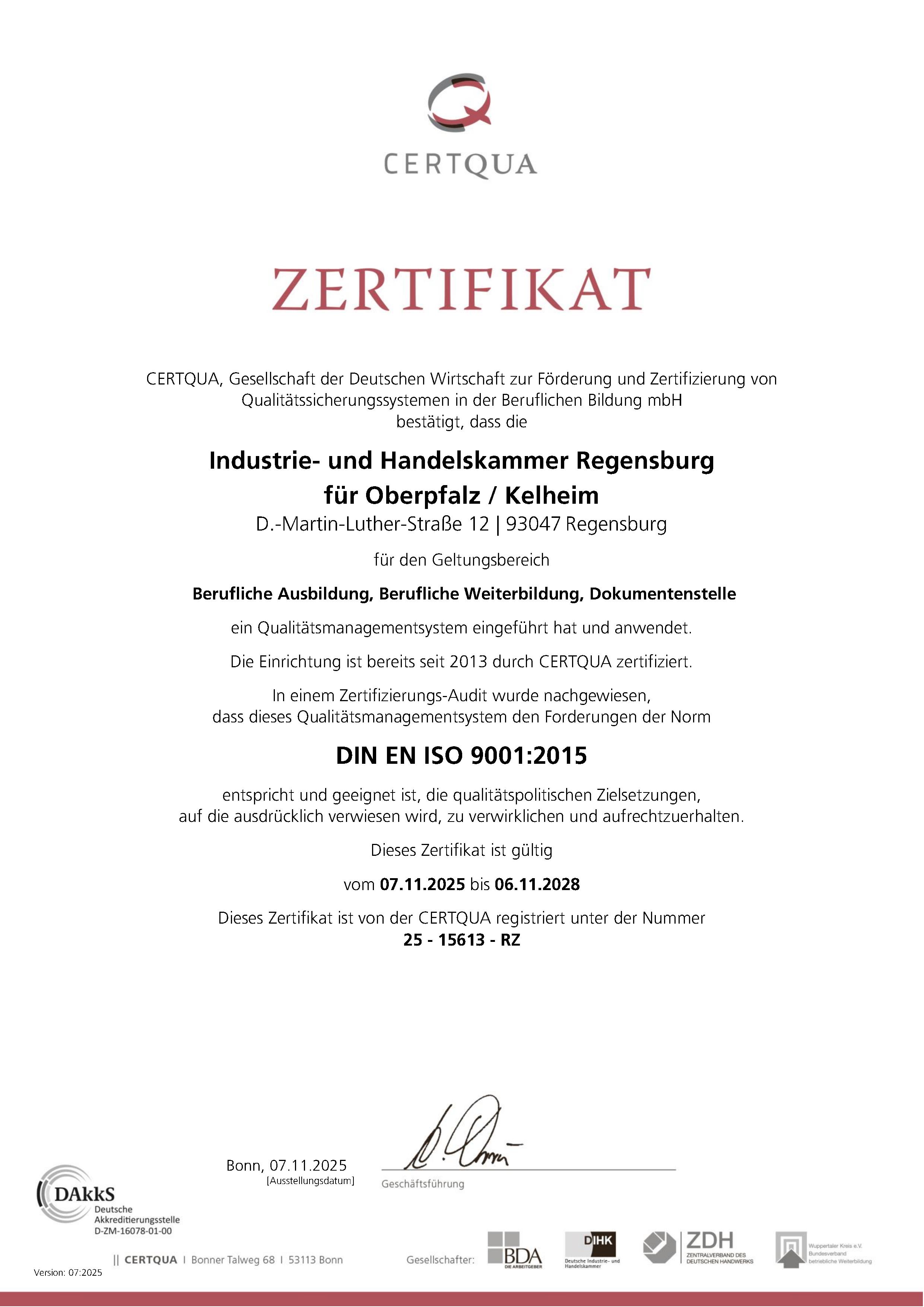 ISO-Zertifikat der IHK Regensburg für Oberpfalz / Kelheim