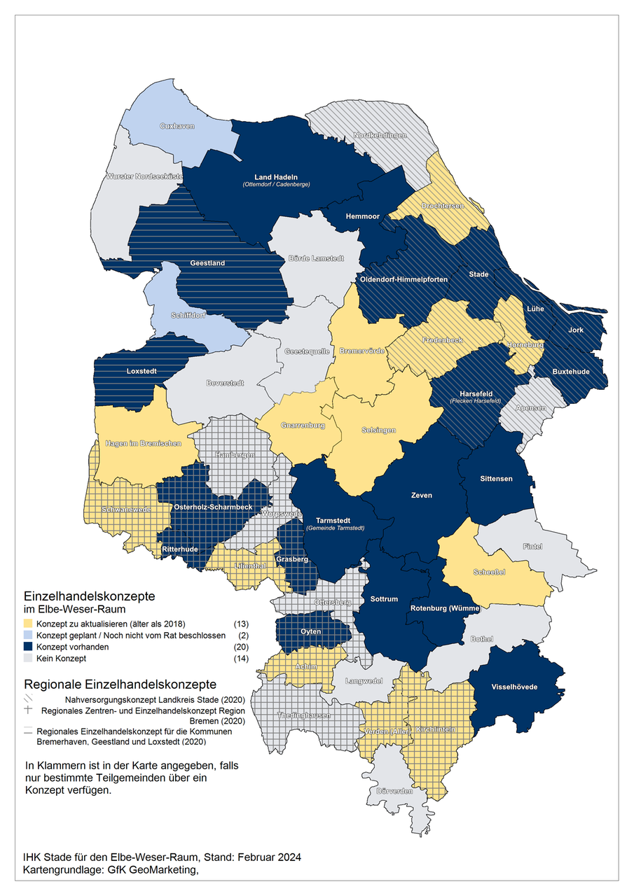 Karte des Elbe-Weser-Raums mit Markierungen für Einzelhandelskonzepte