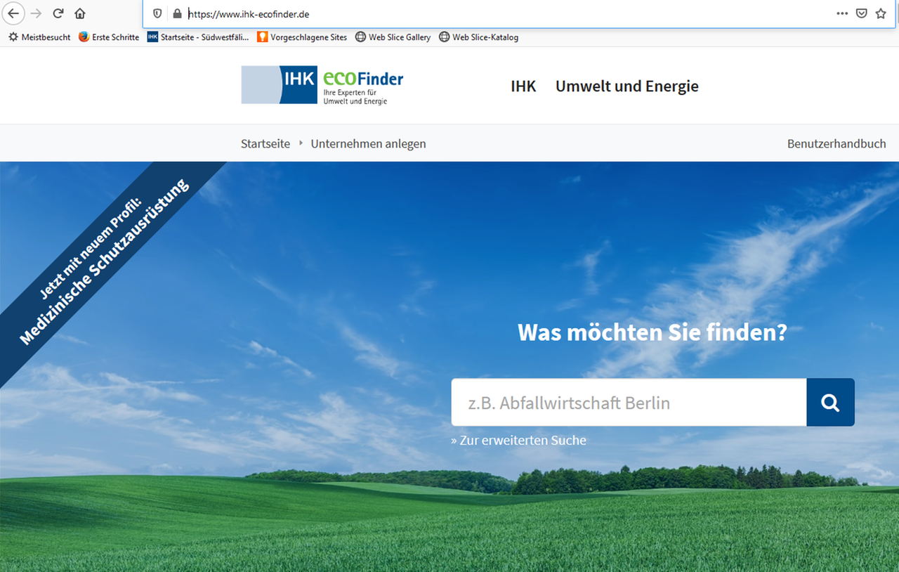 Screenshot von der Internetseite IHK ecofinder