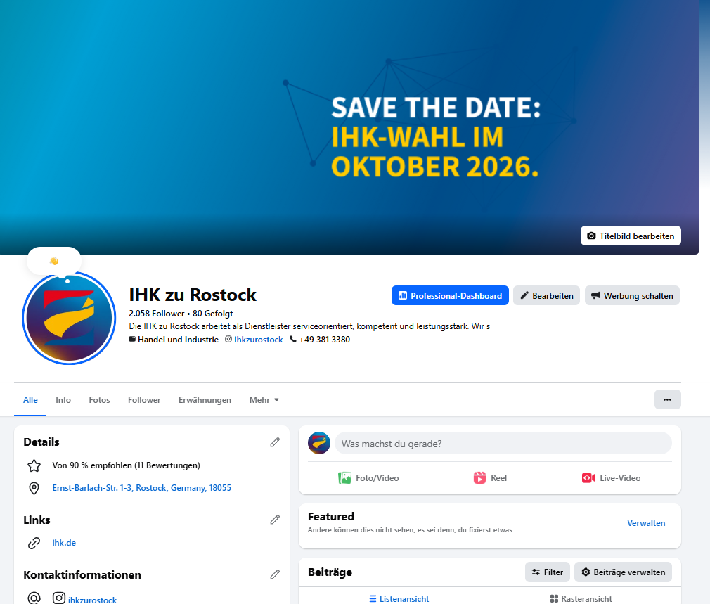 Screenshot des Facebook-Profils der IHK zu Rostock