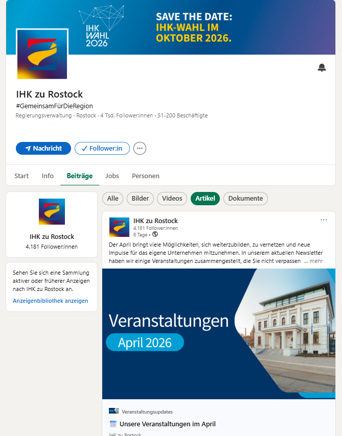Screenshot des LinkedIn-Profils der IHK zu Rostock