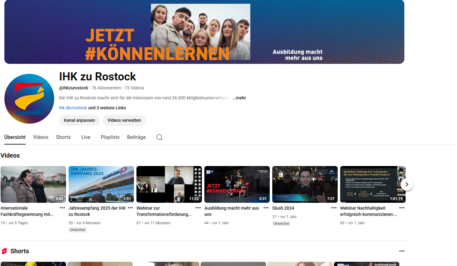 Screenshot des Youtube-Profils der IHK zu Rostock