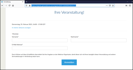 Anmeldemaske Go to Webinar