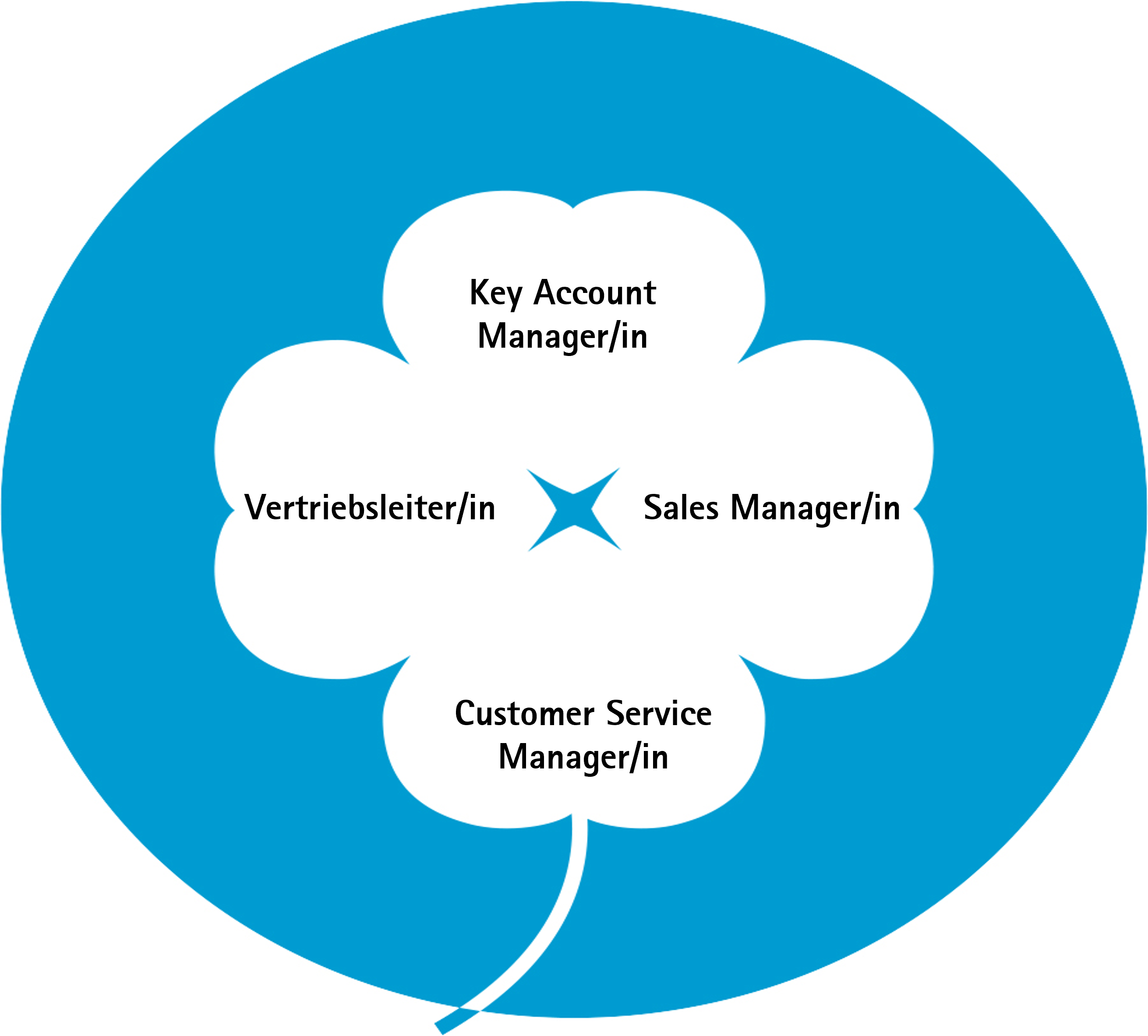 Kleeblatt-Grafik zeigt die 4 Vertriebslehrgänge Vertriebsleiter, Key Account Manager, Customer Service Manager, Sales Manager 