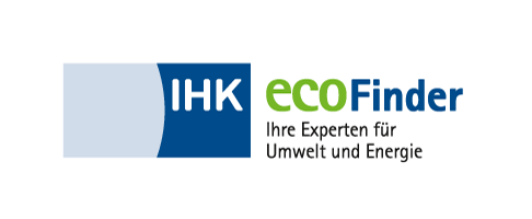 IHK-Logo in zwei Blautönen und daneben Schriftzug: ecoFinder. Ihre Experten für Umwelt und Energie.