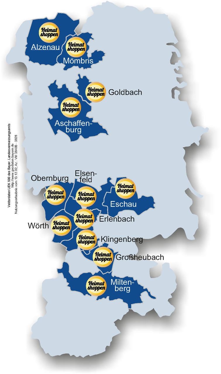 Karte des bayerischen Untermains mit Markierungen für die teilnehmenden Kommunen.