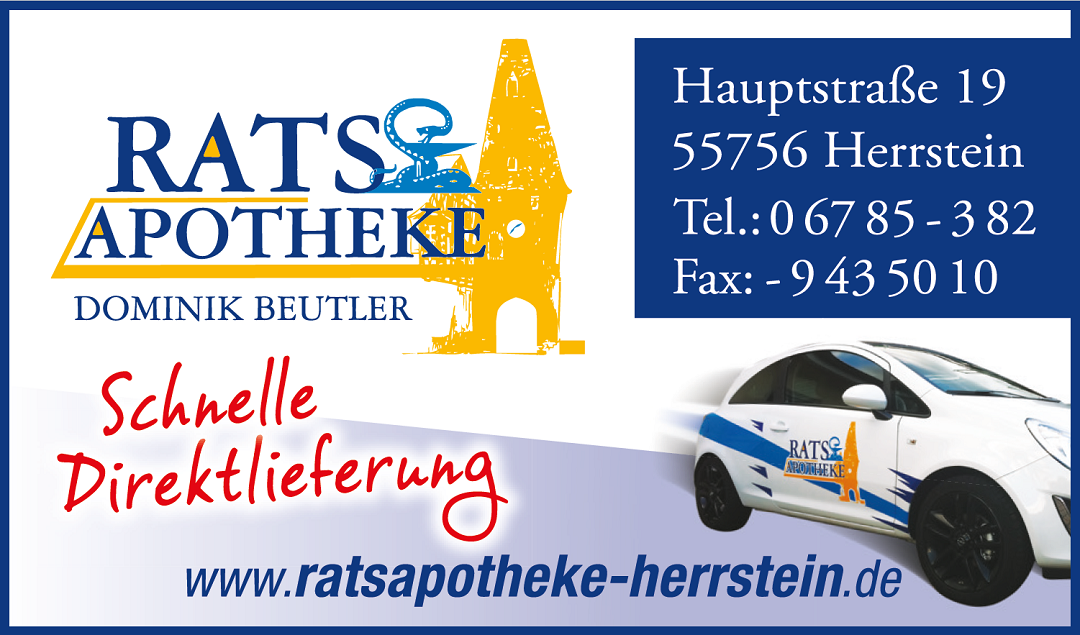 Das Logo mit der Adresse der Apotheke in der Hauptstraße 19 in Herrstein und der Internetadresse www.ratsapotheke-herrstein.de