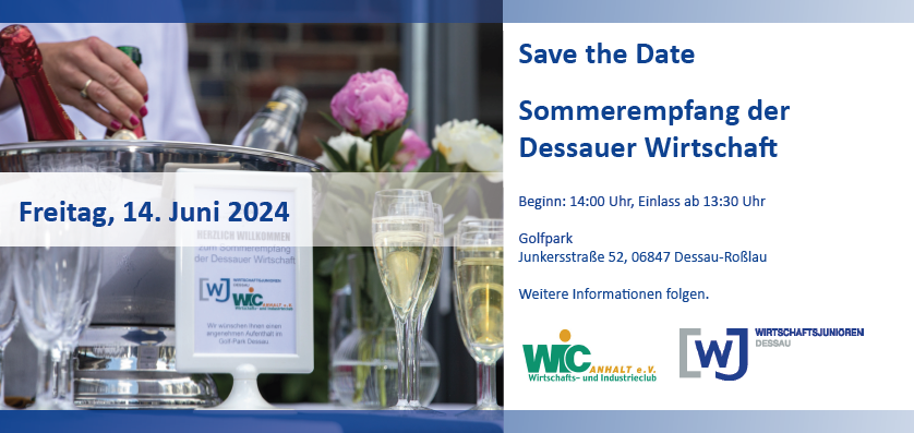 Tisch mit Sektgläsern und Blumen, Einladung zu Veranstaltung am 14. Juni 2024 Golfpark Dessau