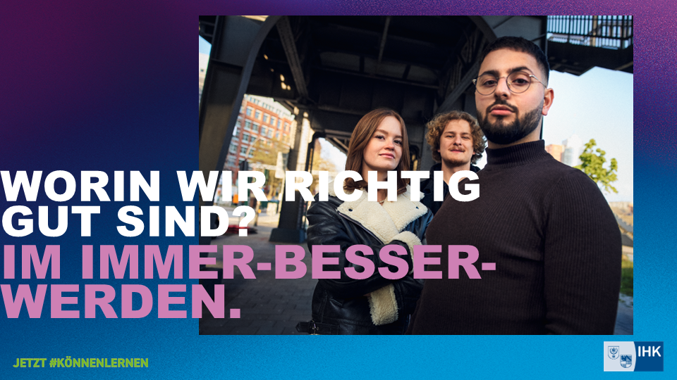 drei junge Menschen schauen in die Kamera, links befindet sich ein Slogan zum Thema Ausbildung