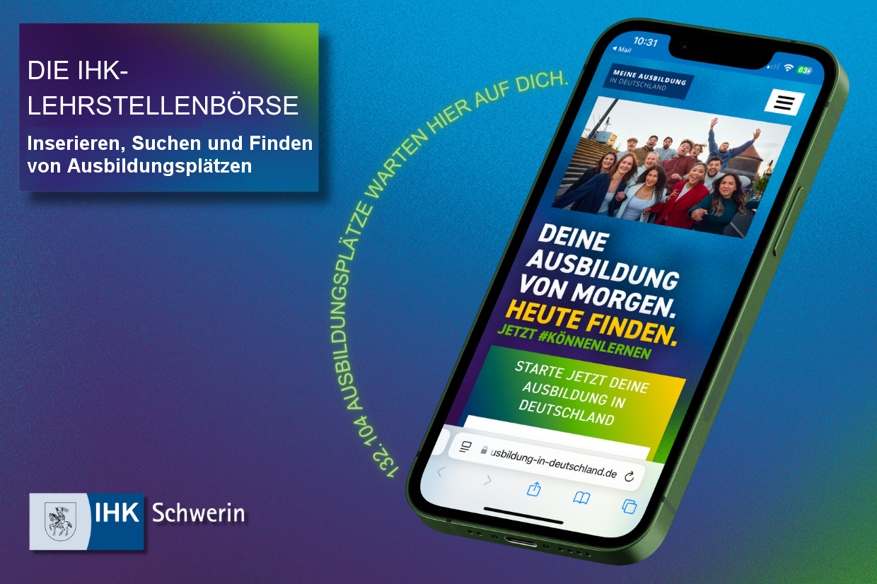 Grafik zur IHK-Lehrstellenbörse mit einem Handy, auf dem Schriftzüge zu Ausbildungsthemen stehen