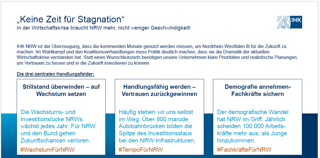 Das Bild zeigt eine Zusammenfassung der IHKNRW-Positionierung zur Bundestagswahl 2025.