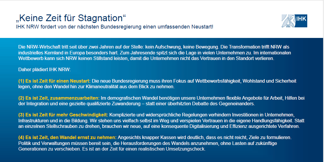 Das Bild zeigt eine Zusammenfassung der IHKNRW-Positionierung zur Bundestagswahl 2025.