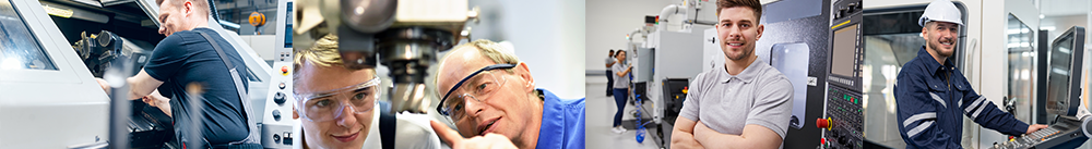 Vier Fotos aneinandergereit mit Männern, die die Arbeit an einer CNC-Maschine zeigen.