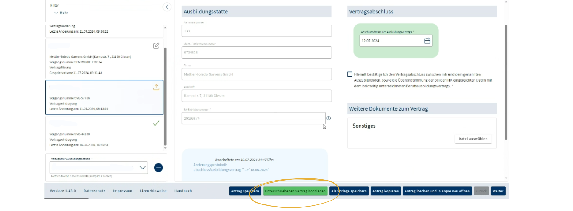 Screenshot Vertrag hochladen