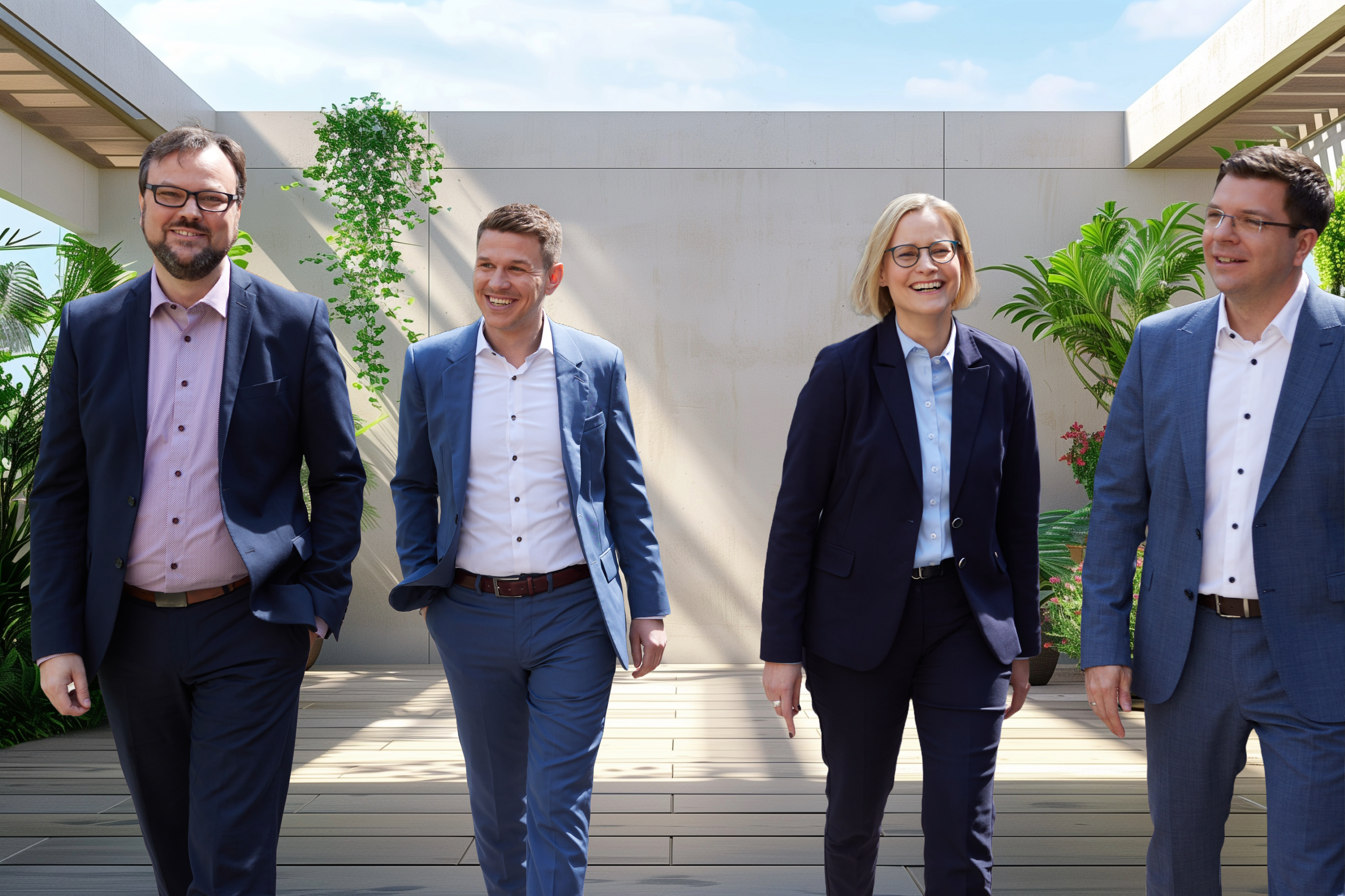 Das Führungsteam läuft einen Gang hinunter