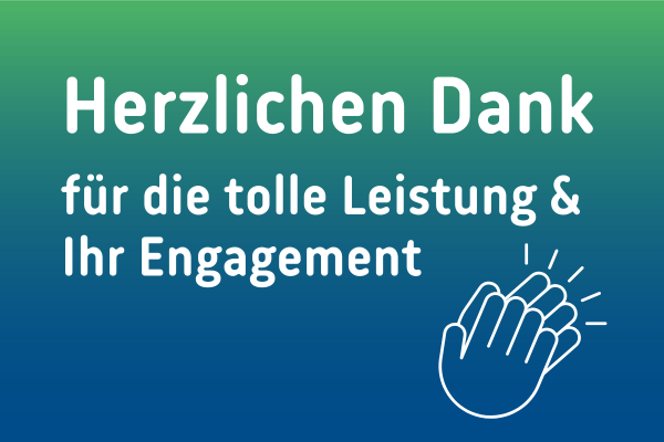 Grünblauer Hintergrund mit Text "Herzlichen Dank für die tolle Leistung & Ihr Engagement" und Icon mit klatschenden Händen
