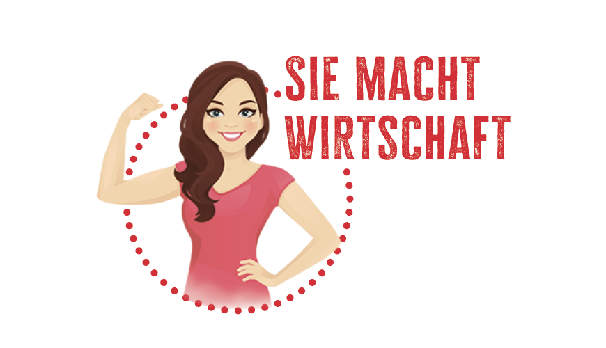 Sie macht Wirtschaft -Neue Reihe Logo der Serie mit einer Frau, die den Arm beugt und Stärke zeigt