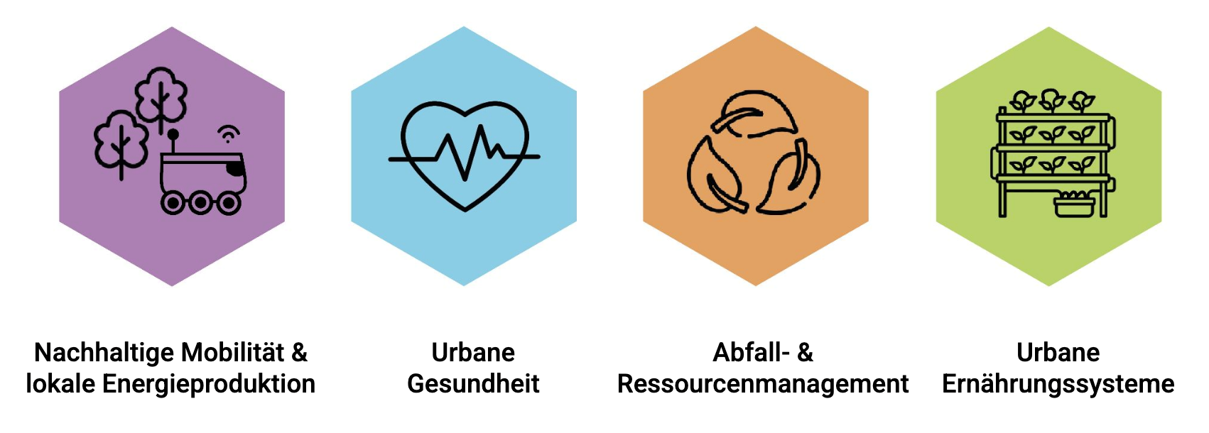 Themen des Reallabors: Nachhaltige Mobilität, Urbane Gesundheit, Ressourcenmanagement, Urbane Ernährungssysteme