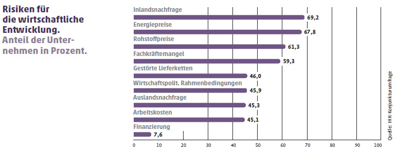 Balkendiagramm zu wahrgenommenen Risiken für die wirtschaftliche Entwicklung, z. B. Energiepreise.