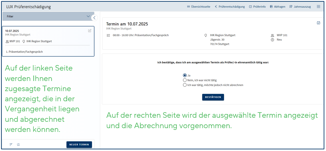 Menü: Prüferentschädigung