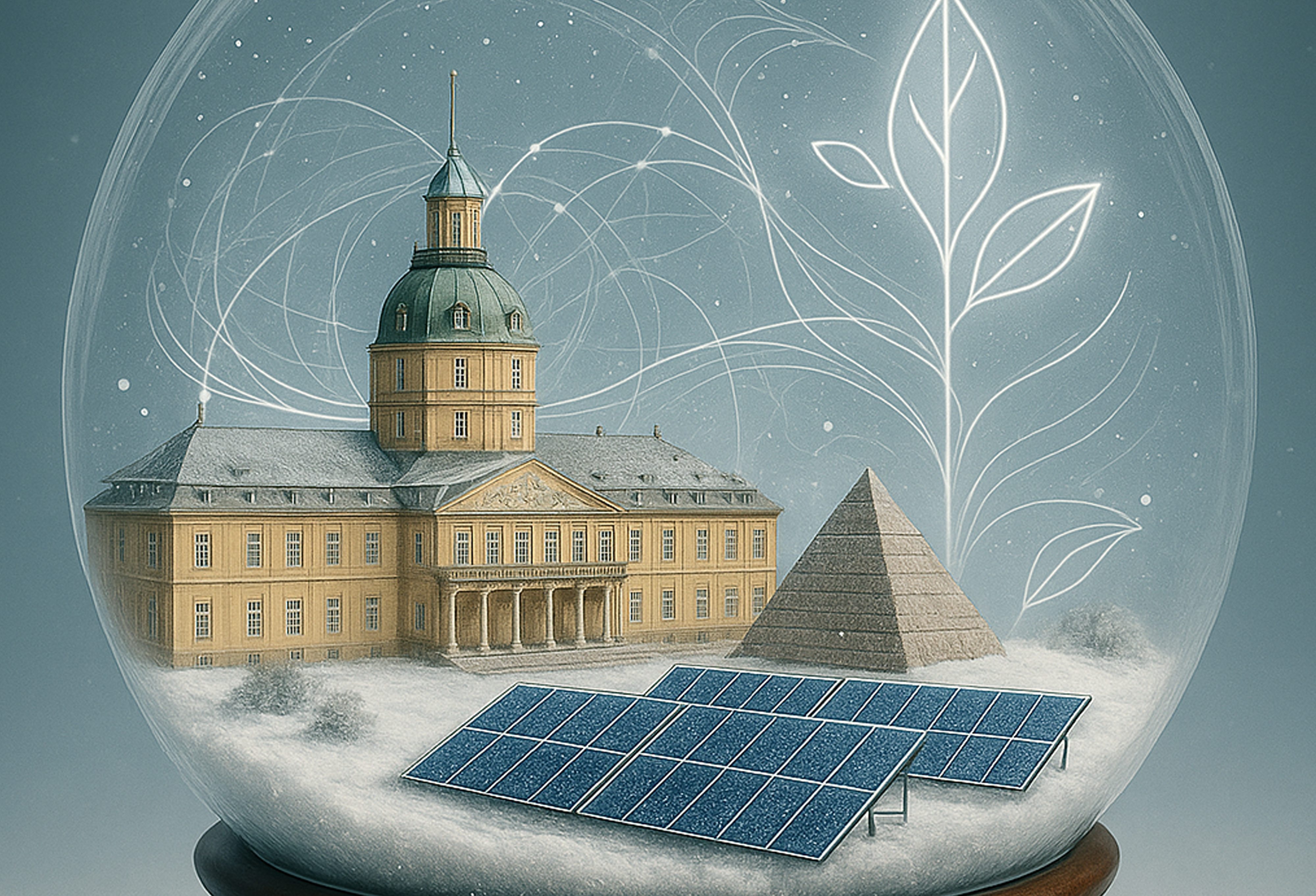 Eine Schneekugel mit Energie-Symbolen und Wahrzeichen von Karlsruhe