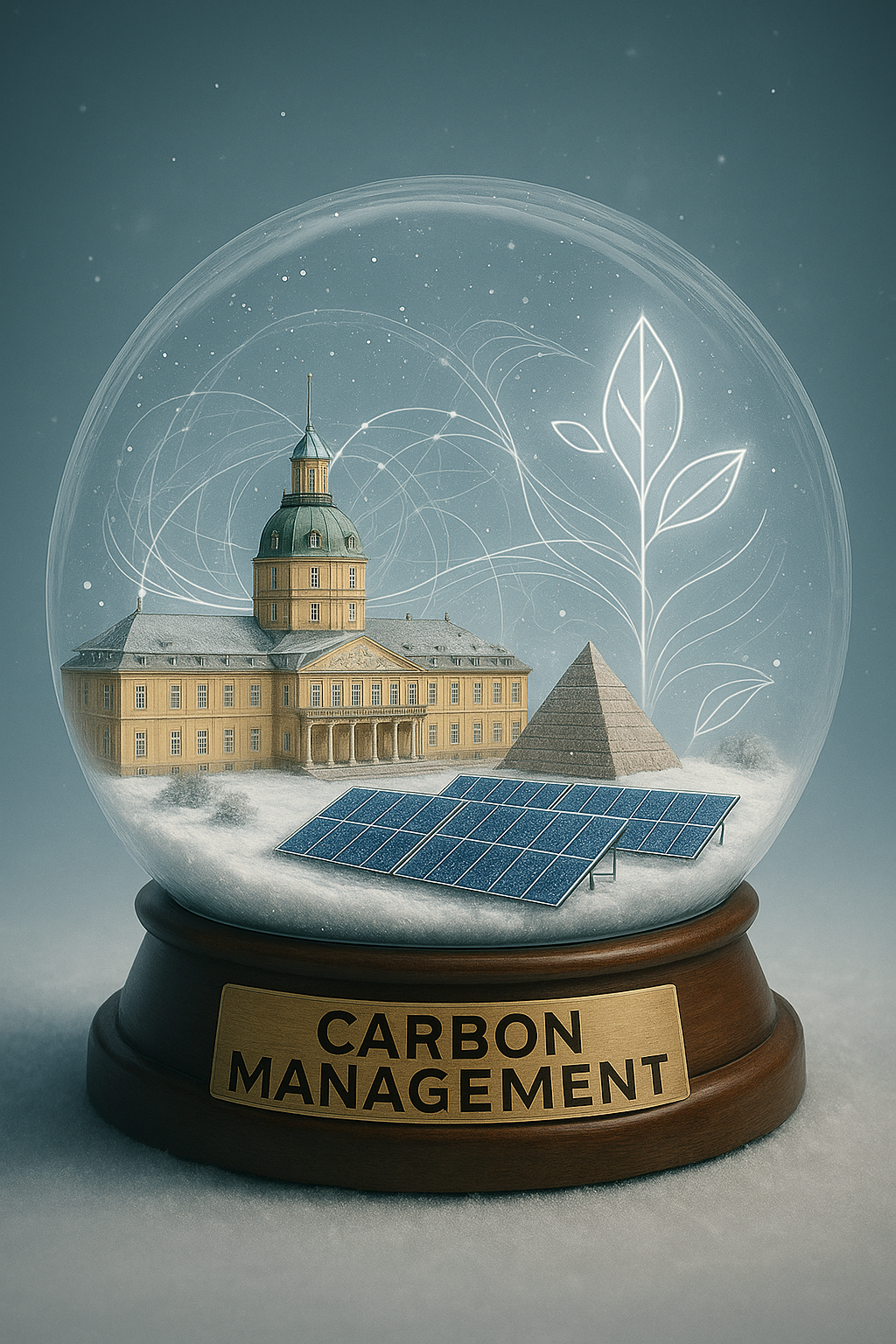 Eine Schneekugel mit Energie-Symbolen und Wahrzeichen von Karlsruhe