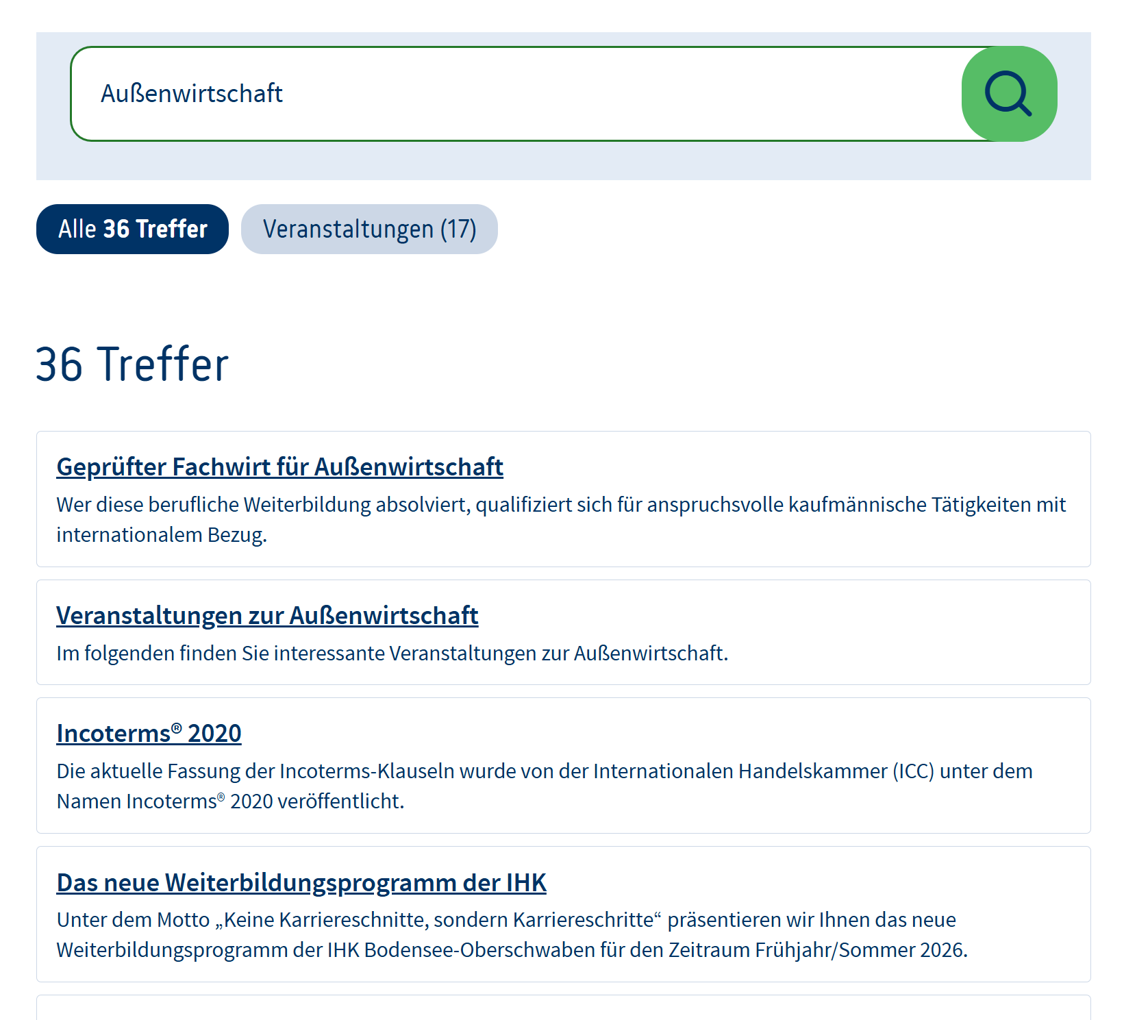 Ein Beispiel bei der Suche "Außenwirtschaft" und es werden 36 Treffer angezeigt mit den jeweiligen Links.