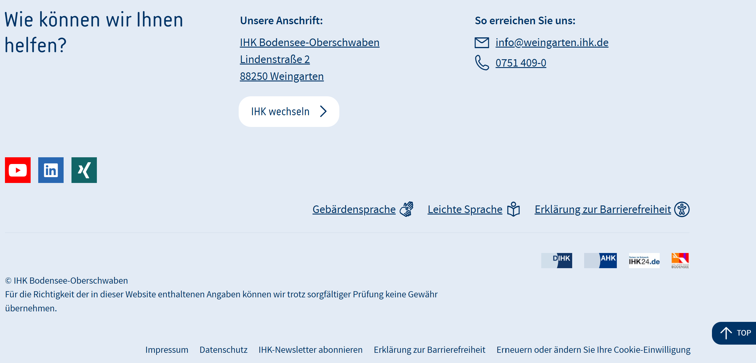 Screenshot vom Fußbereich der IHK-Website: Mit Adress- und Kontaktdaten. Social Media Icons, rechtliche Verlinkungen, Copyright 