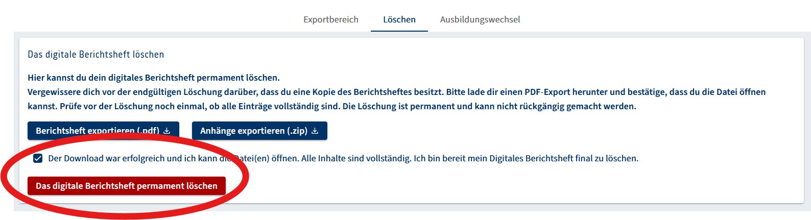Screenshot Klickpfad zum digitalen Berichtsheft