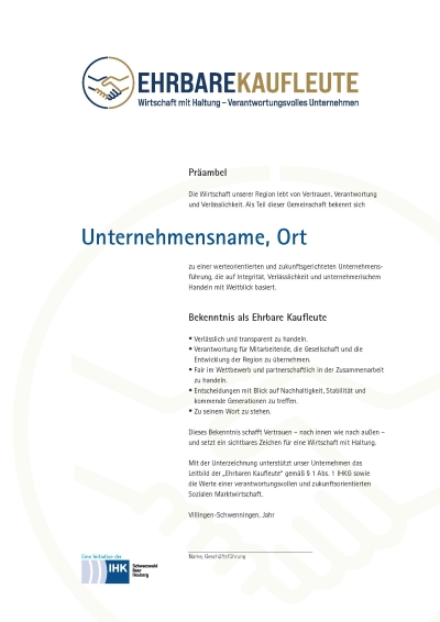 Blanko-Urkundenvorlage, die bei der IHK bestellt werden kann.