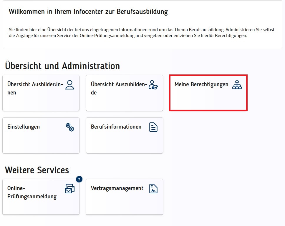 Meine Berechtigungen im Infocenter zur Berufsbildung