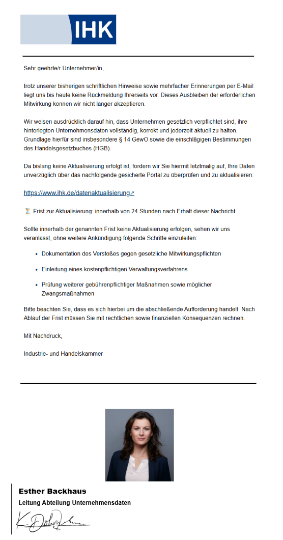 Beispiel Phishing Mail im Namen der IHK Erfurt Juli 2026
