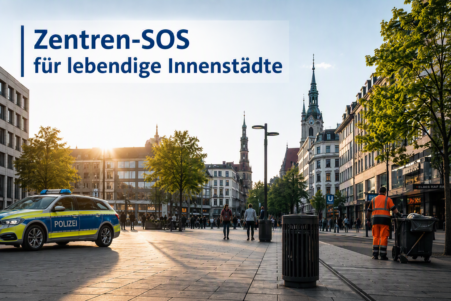 Innenstadtplatz mit Polizeifahrzeug, Passanten und Kircht&uuml;rmen im Abendlicht.
