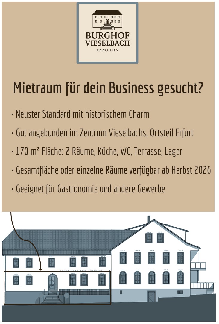 Anzeige für Gewerberäume im Burghof Vieselbach mit markiertem Mietbereich.