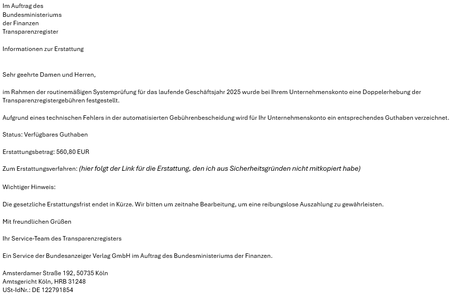 Beispiel der Phishing-Mail vom Juli 2026