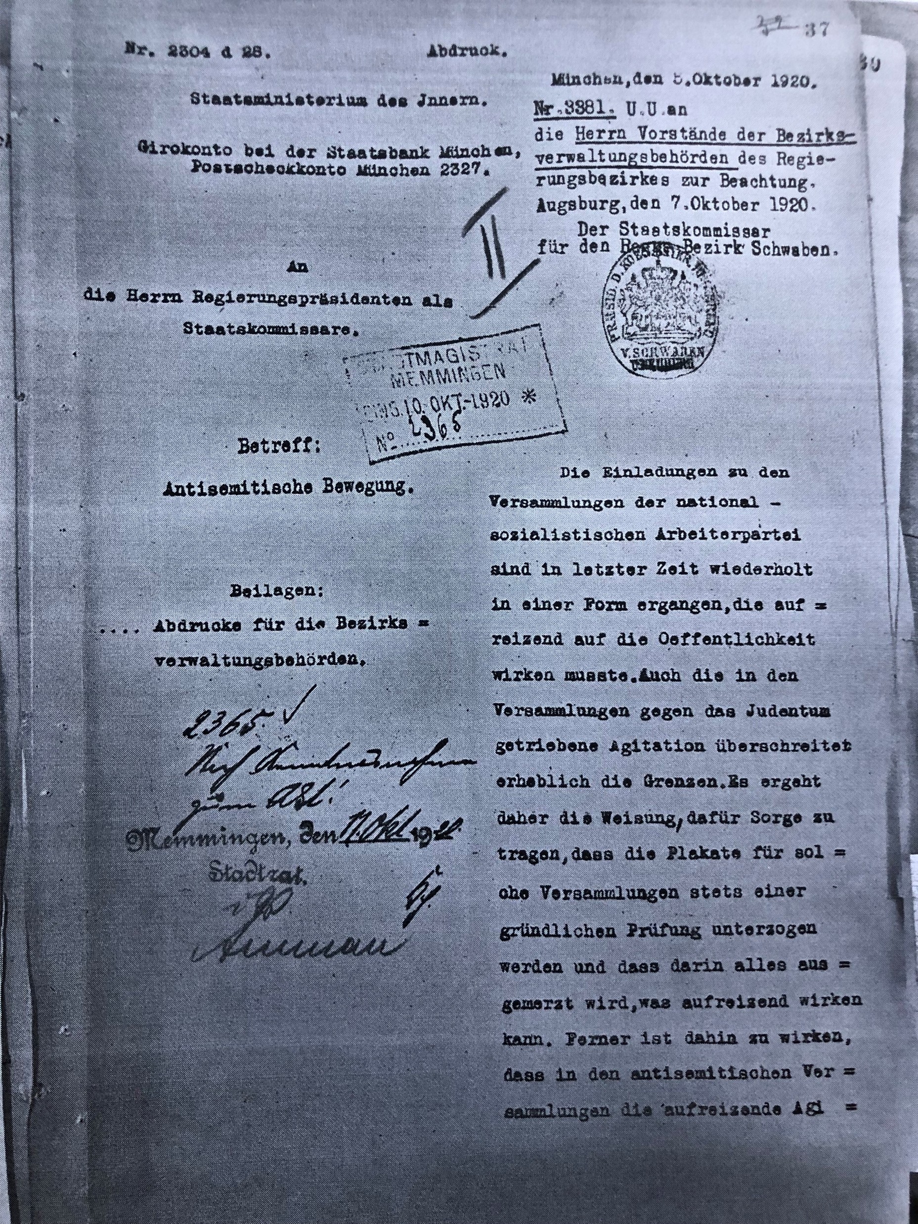 Schreiben des Innenministeriums vom 5. Oktober 1920_1