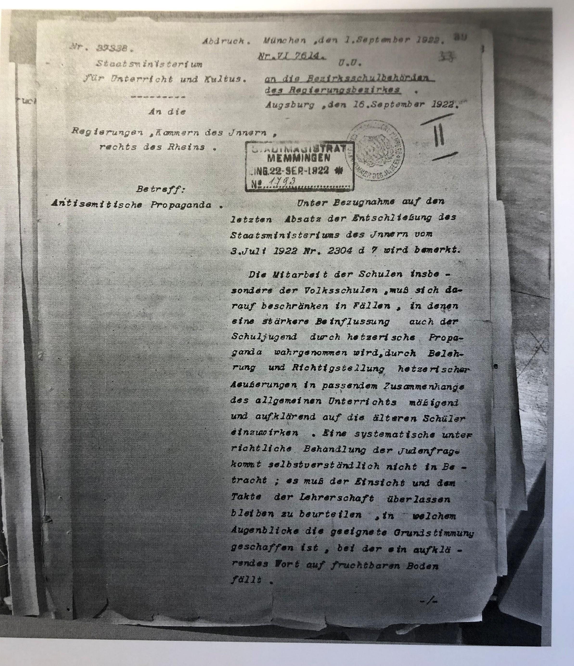Schreiben des Kultusministeriums vom 1. September 1922_1