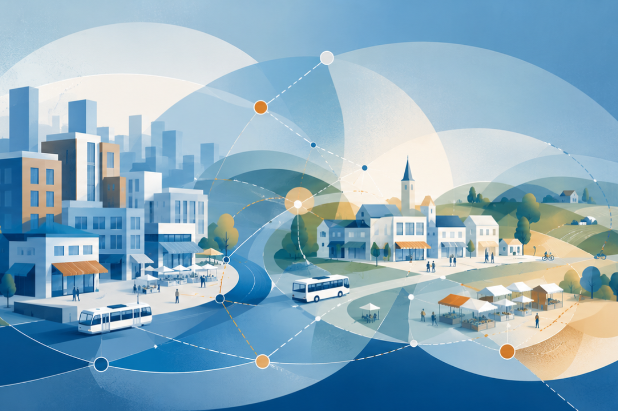 Vernetzte Stadt und ländliche Region mit Mobilität und digitaler Infrastruktur