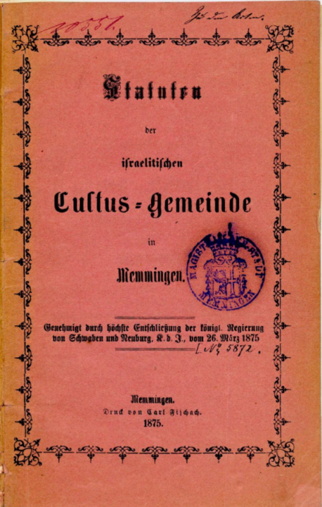 Statuten der israelitischen Kultusgemeinde Memmingen