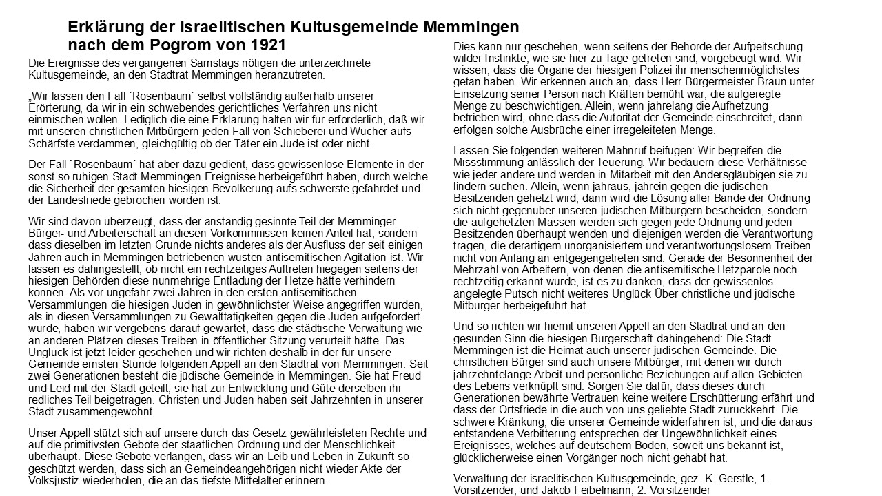 Erklärung der Israelitischen Kultusgemeinde Memmingen