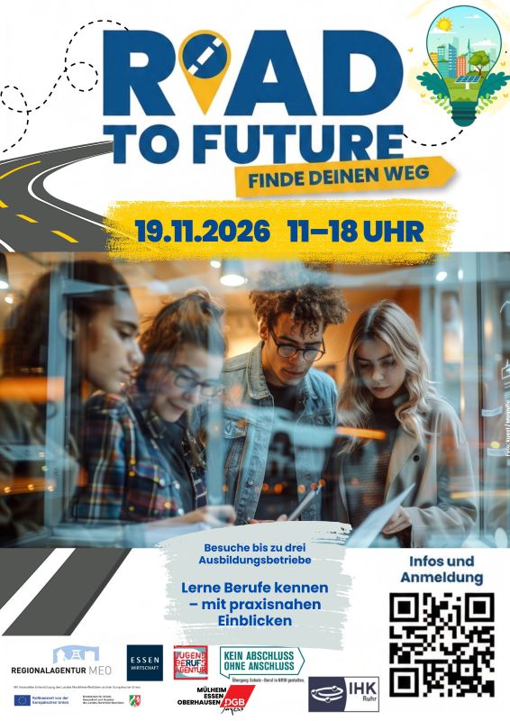 Plakat für die Veranstaltung Road to Future am 19.11.26 mit Anmelde-QR-Code