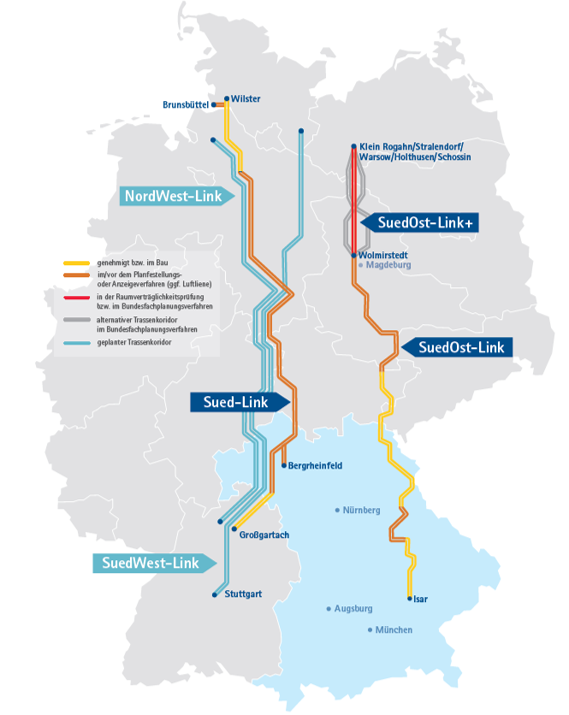 Laufende und geplante HGÜ-Projekte für Bayern