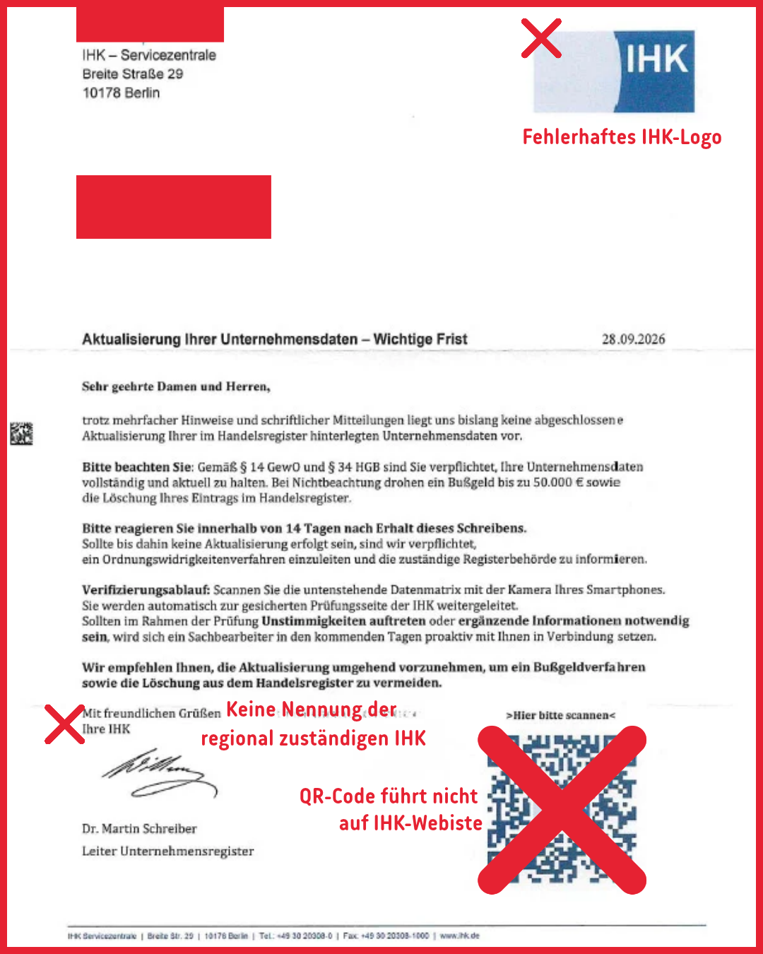 Bild eines gefälschten Schreibens