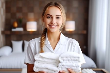 Frau mit wei&szlig;en Handt&uuml;chern in der Hand