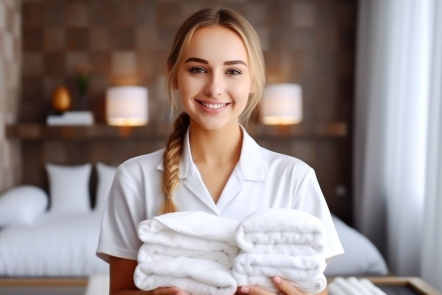 Frau mit wei&szlig;en Handt&uuml;chern in der Hand