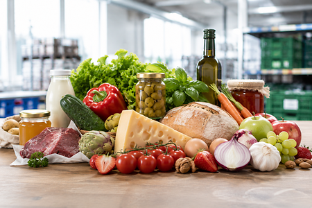Frische Lebensmittel wie Obst, Gem&uuml;se, Brot, K&auml;se und Fleisch als Symbol f&uuml;r Unternehmerreisen der Lebensmittelwirtschaft