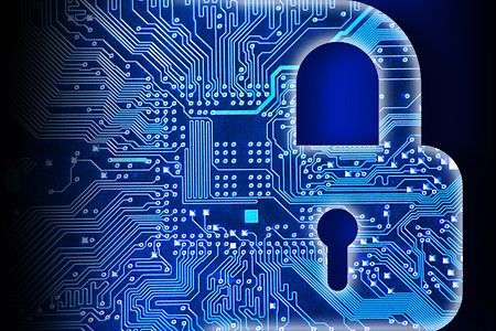 Stilisierte Leiterplatte in Form eines Vorh&auml;ngeschlosses als Symbol f&uuml;r IT-Sicherheit