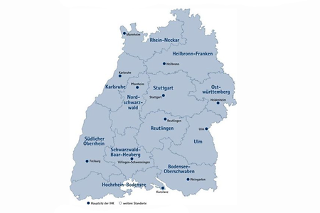 Umrisskarte mit den Bezirken der baden-w&uuml;rttembergischen Industrie- und Handelskammern